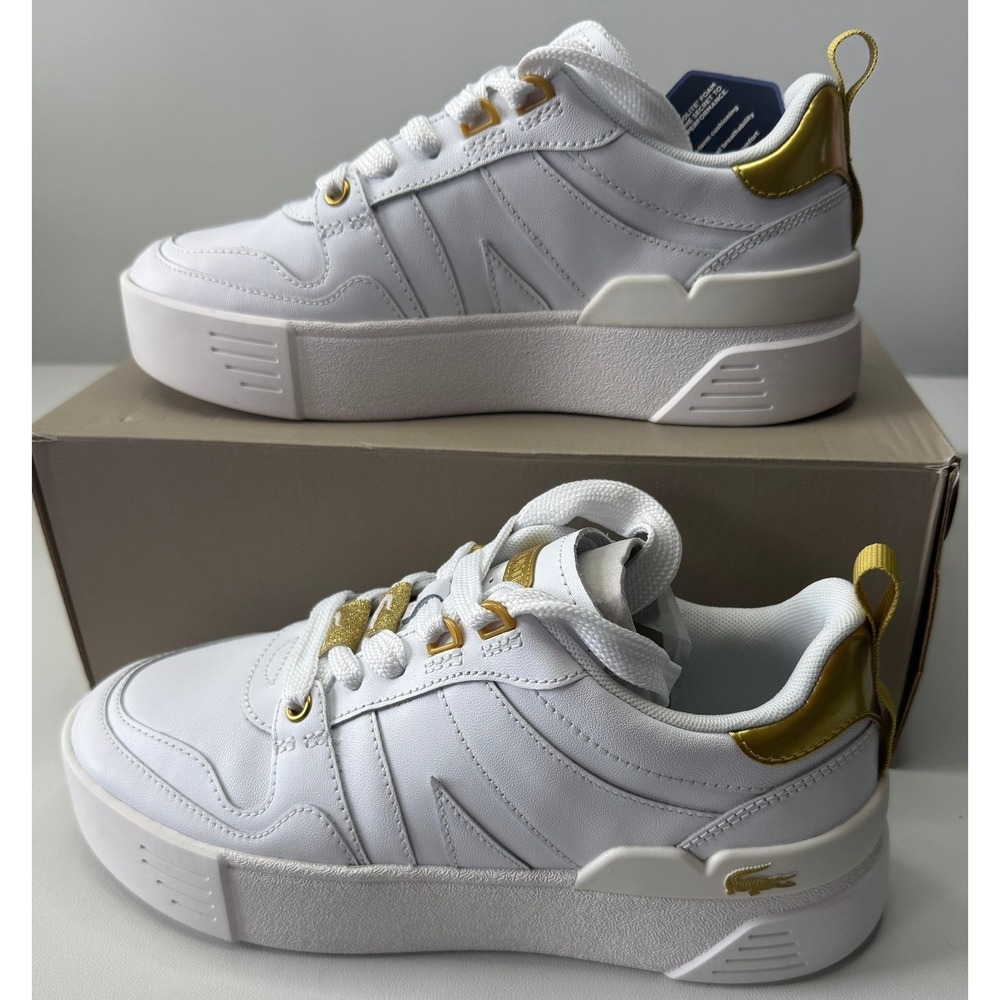 Lacoste3 Womens White Gold Leather Chunky Platform Sneakers Size 7.5 New